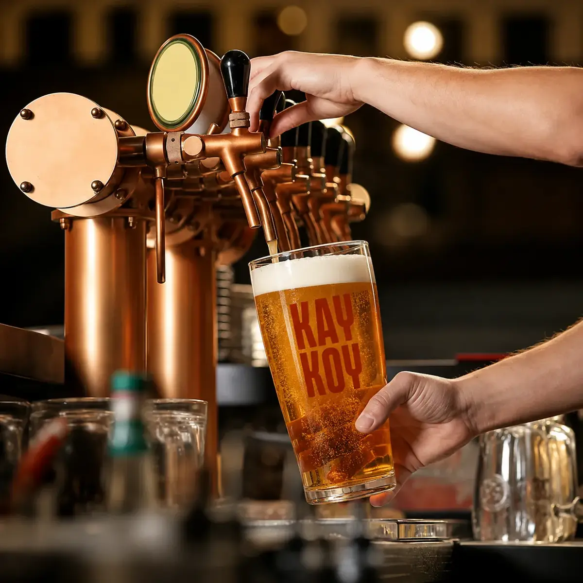 A Kay Koy pint being poured from the copper taps